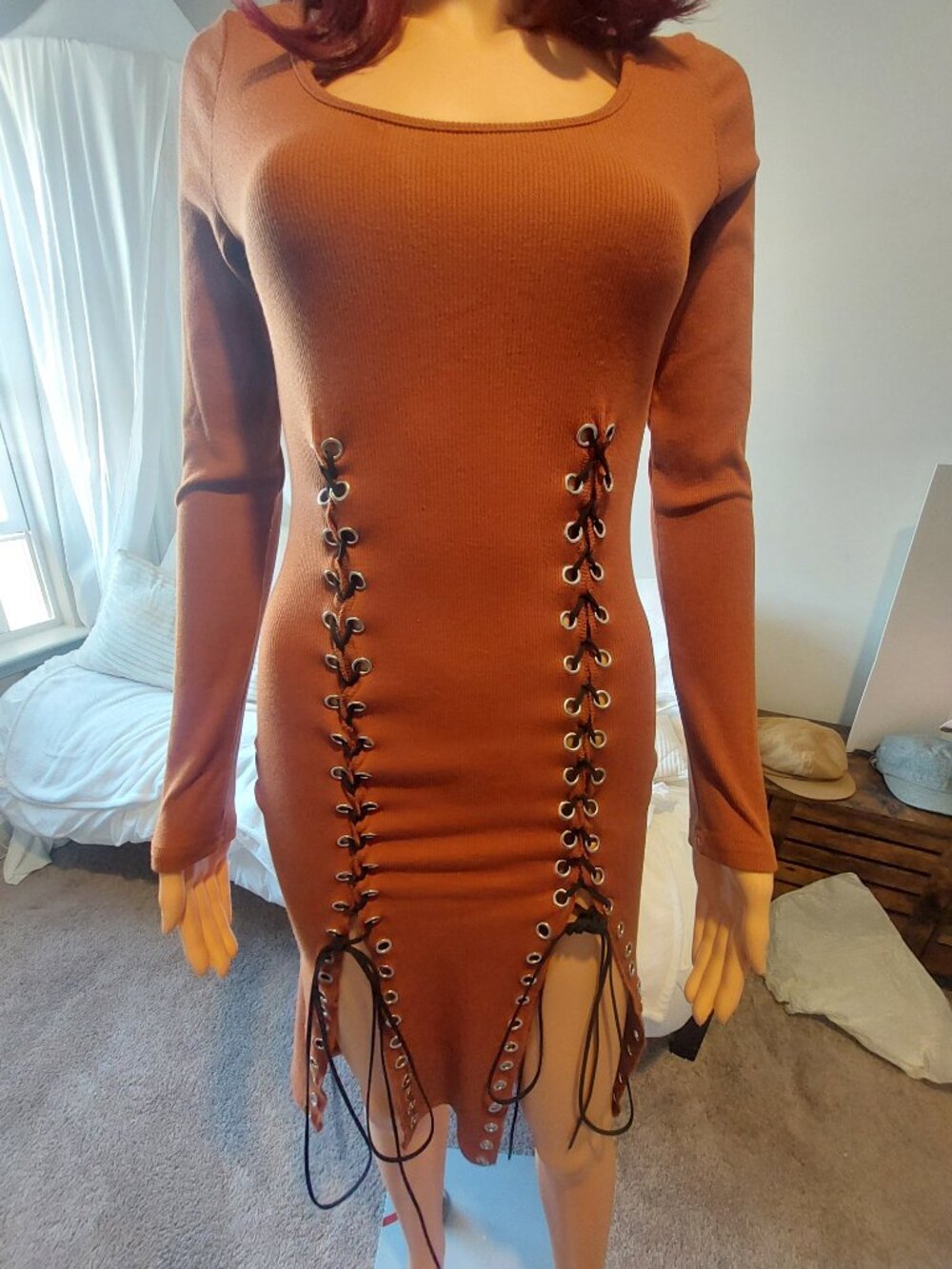 BOHO Earthy Long Sleeve Front Tie Mini Dress - Rust Orange - EUC